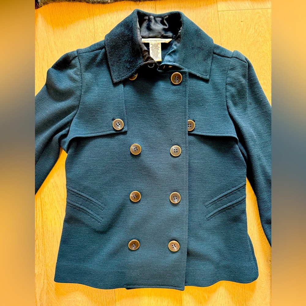 Diane Von Furstenberg Blue Pea Coat with Tailored Silhouette